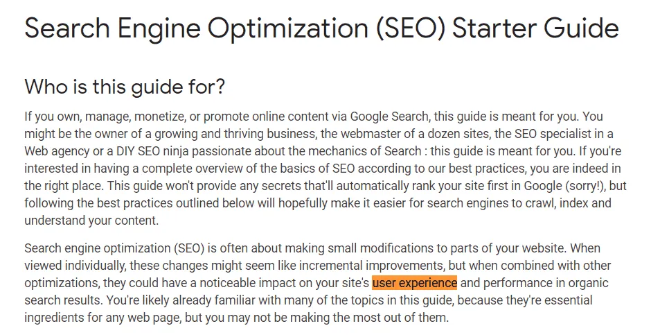 Fragmento de la guía oficial de Google para posicionamiento en su motor de búsqueda (SEO)