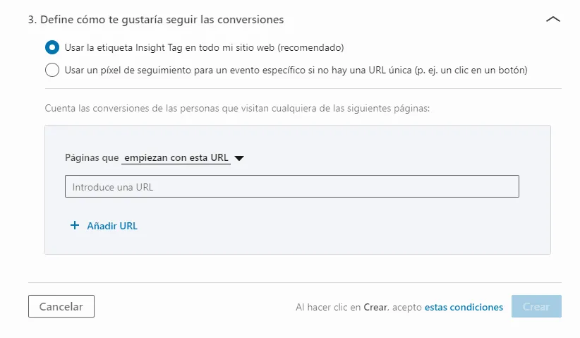 Creación de Conversión en Linkedin Ads Manager para conversiones en marketing digital