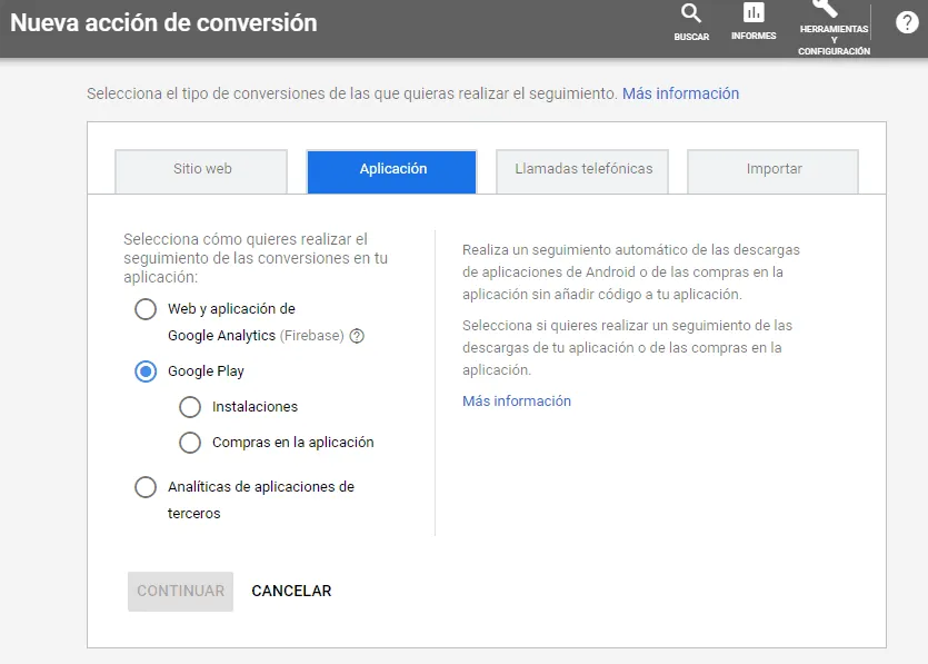Instalación de conversión de Aplicación en Google Ads.