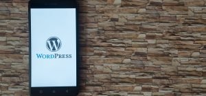 Teléfono con logo de WordPress sobre pared de piedra