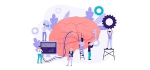 Equipo colaborando alrededor de un cerebro con engranajes, gráficos y una llave para optimizar procesos cognitivos