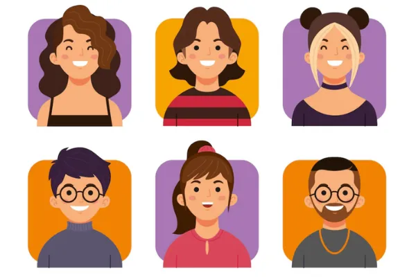 Seis avatares ilustrados de personas diversas con distintos estilos de cabello y ropa en fondos coloridos.