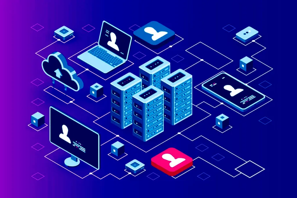 Red digital con dispositivos conectados servidores nube y aplicaciones con iconos de usuario en diseño isométrico