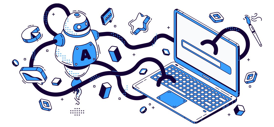 Un robot con una "A" en su pecho interactúa con una laptop.