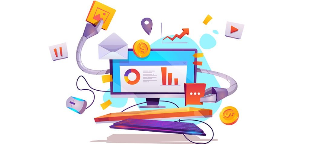 Un monitor muestra gráficos de rendimiento junto a herramientas de marketing visuales, simbolizando la automatización de procesos de marketing.