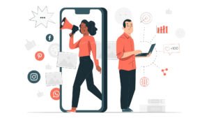 Ilustración de dos personas conectadas por aplicaciones de redes sociales y marketing digital desde un smartphone.