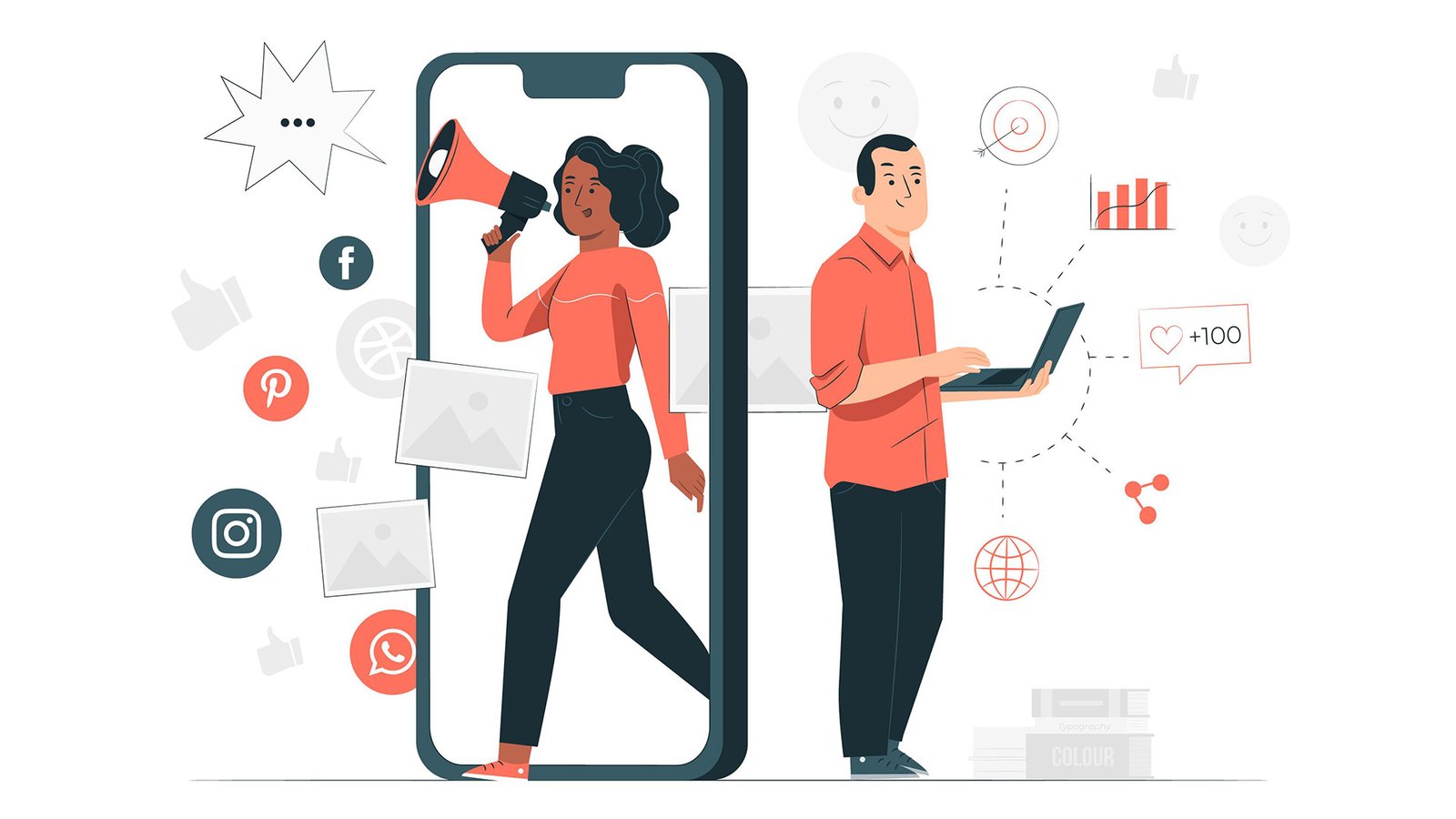 Ilustración de dos personas conectadas por aplicaciones de redes sociales y marketing digital desde un smartphone.