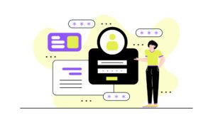 Ilustración conceptual de un perfil de usuario B2B con datos de acceso, identificación digital y una figura humana representando la segmentación de clientes en ventas corporativas.