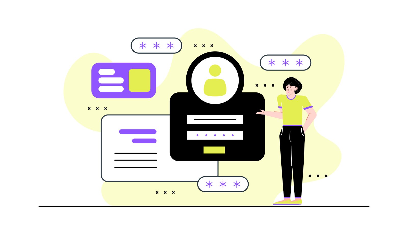 Ilustración conceptual de un perfil de usuario B2B con datos de acceso, identificación digital y una figura humana representando la segmentación de clientes en ventas corporativas.
