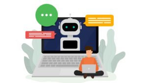 Ilustración de un usuario interactuando con un chatbot de inteligencia artificial en una laptop, rodeado de burbujas de diálogo que representan la respuesta generativa y la búsqueda por IA.