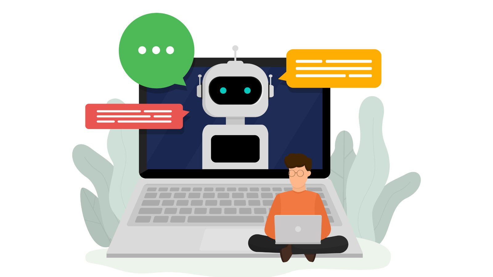 Ilustración de un usuario interactuando con un chatbot de inteligencia artificial en una laptop, rodeado de burbujas de diálogo que representan la respuesta generativa y la búsqueda por IA.