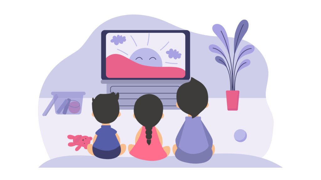 Ilustración de dos niños y una niña sentados en el suelo viendo en la televisión publicidad apta para el público infantil.