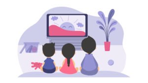 Ilustración de dos niños y una niña sentados en el suelo viendo en la televisión publicidad apta para el público infantil.