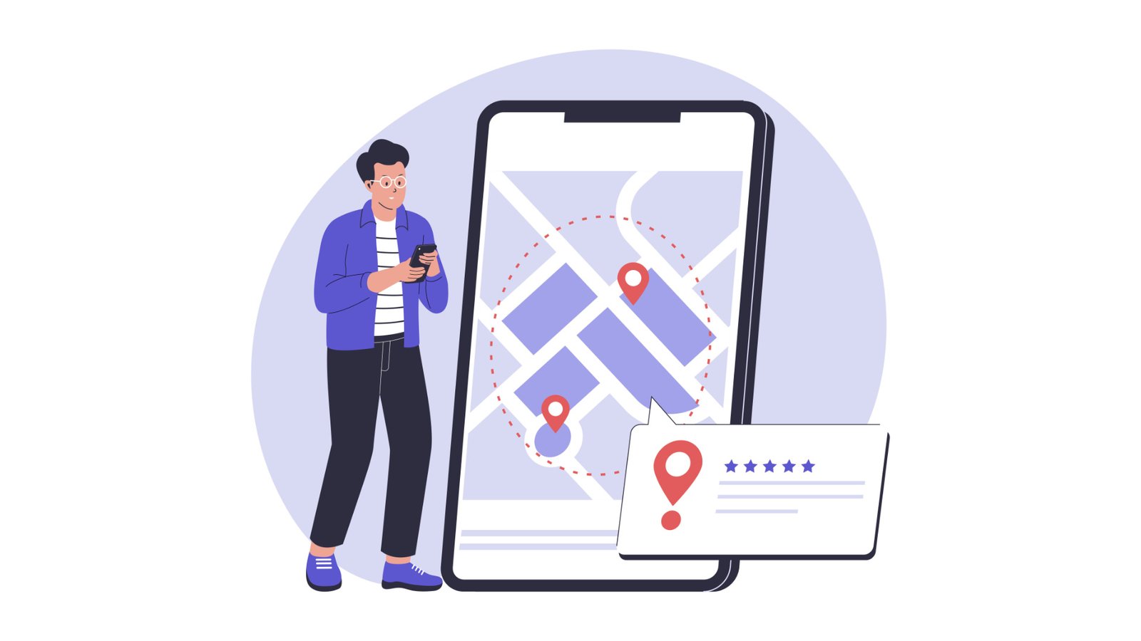 Ilustración de un usuario en México consultando negocios locales en Google Maps mediante un smartphone, destacando reseñas de cinco estrellas y geolocalización.