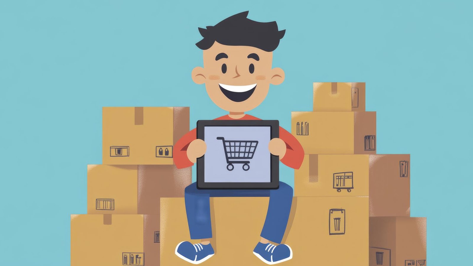 Ilustración de un vendedor sonriente sentado sobre cajas de envíos, sosteniendo una tableta con un carrito de compras, representando el comercio electrónico en Mercado Libre México.