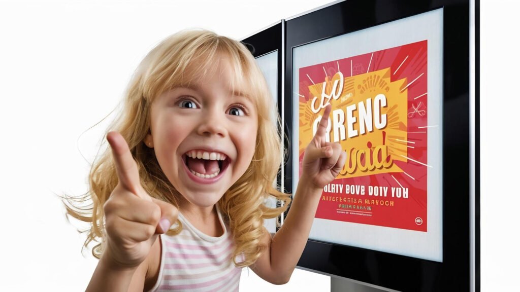 Niña rubia asombrada señala con los dedos un cartel digital de publicidad engañosa.