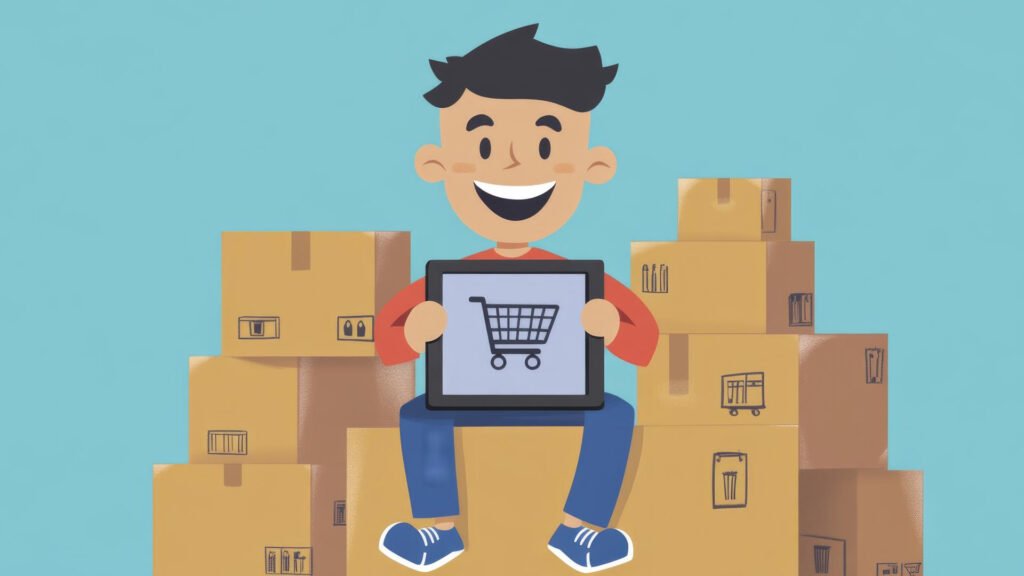 Ilustración de un vendedor sonriente sentado sobre cajas de envíos, sosteniendo una tableta con un carrito de compras, representando el comercio electrónico en Mercado Libre México.
